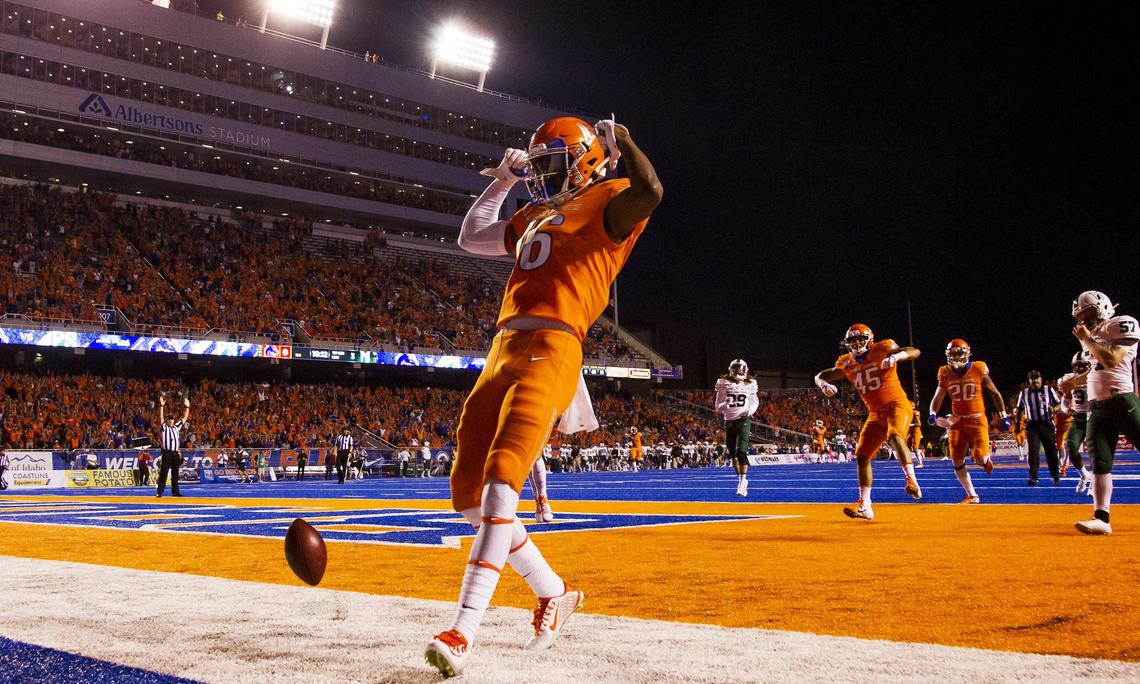 Boise State wide receiver John Hightower flexes in the end zone after a 98-yard kickoff return against Portland State on Saturday at Albertsons Stadium in Boise.