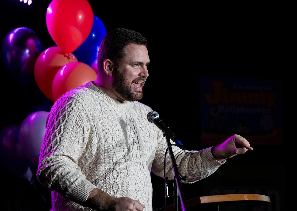 Colin Nash addresses a crowd of supporters at Mayor Lauren McLean’s election night party. Nash won in District 2, which covers the West Bench south of Garden City.