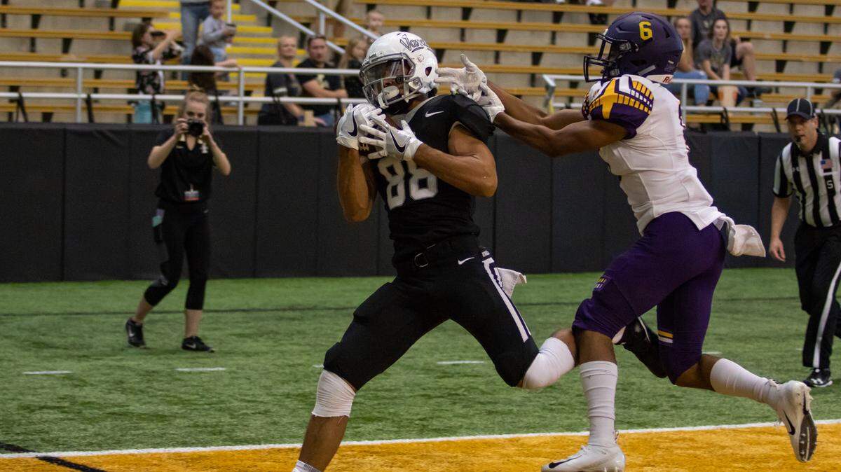 Idaho receiver Jeff Cotton hauls in a catch against Western New Mexico University earlier this season. The Vandals host Portland State at 3 p.m. MT on Saturday.