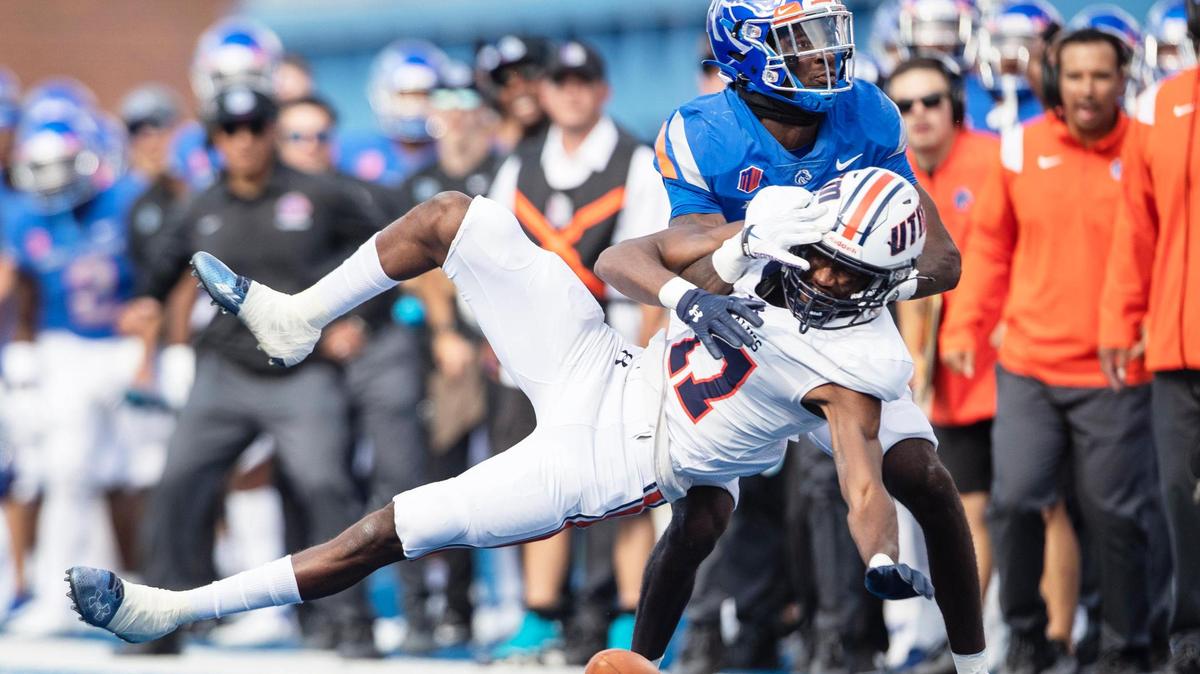 Boise State safety JL Skinner breaks up a pas to UT Martin wide receiver Ajay Smith during a game at Albertsons Stadium in 2022. Skinner has been projected to come off the board anywhere from the second round to fifth round in the NFL Draft.