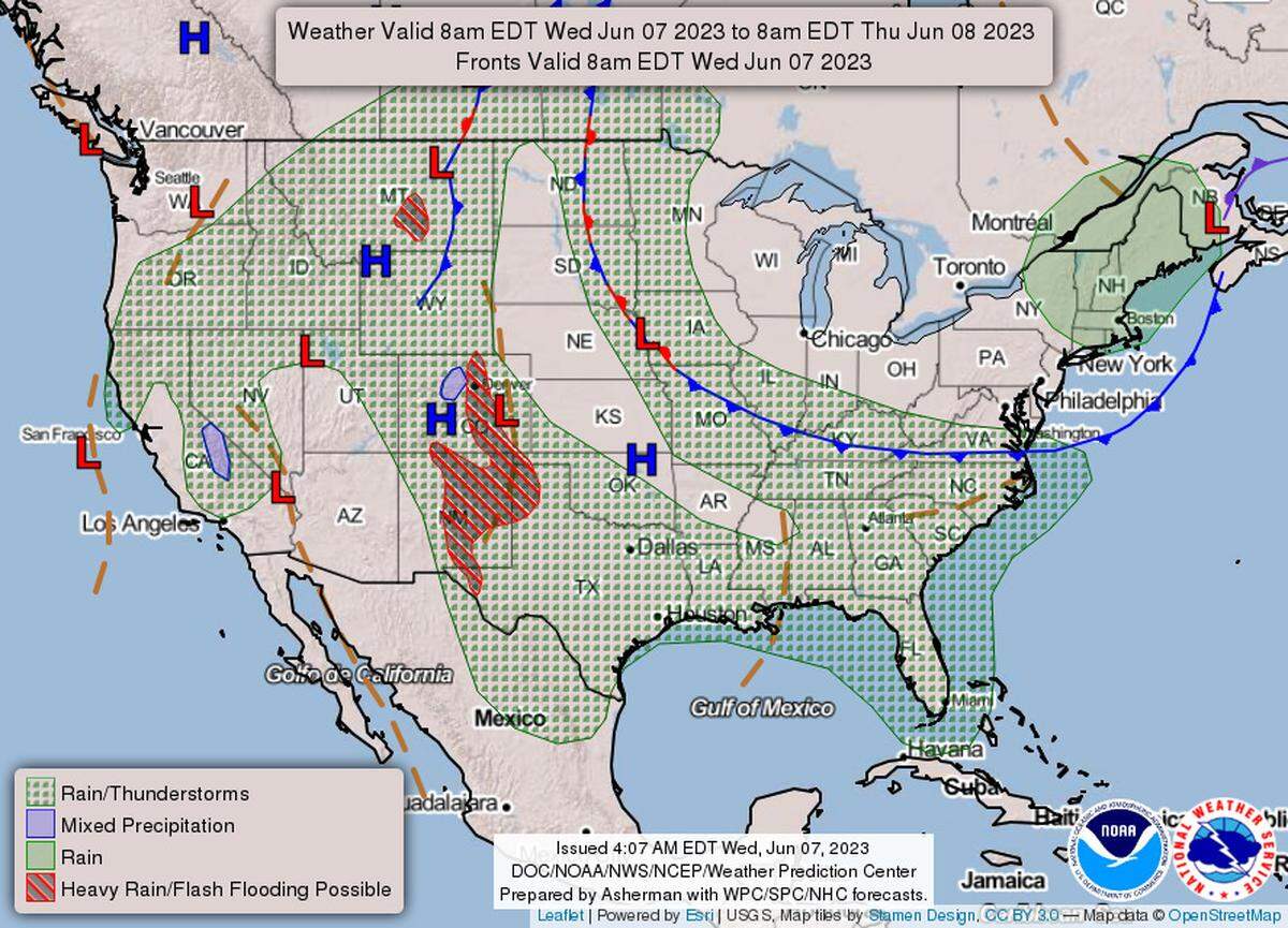 The low-pressure system in southeast California is pulling warm, moist air through Colorado — which is experiencing severe storms — and into the Gem State.