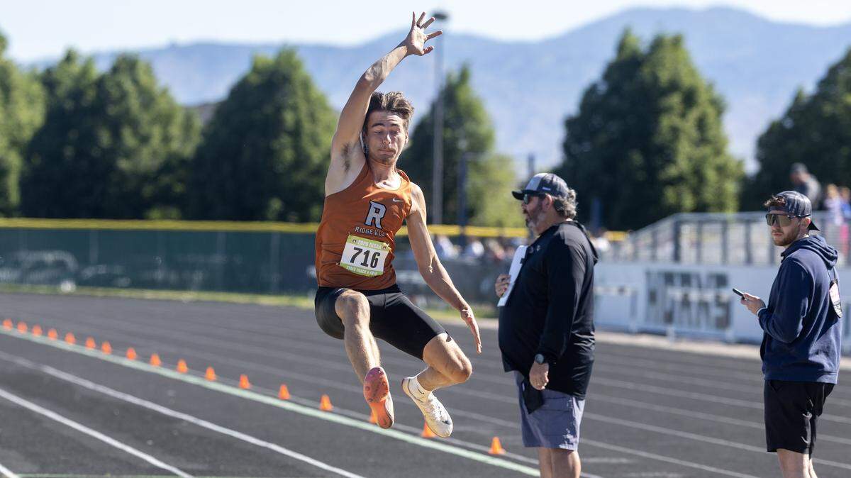 Ridgevue's Caden Warren competes in 6A boys long jump at the IHSAA 6A/5A Track and Field Championships, Friday, May 15, 2026 at Mountain View High School. Warren took first place with a jump of 22' 4.5”.