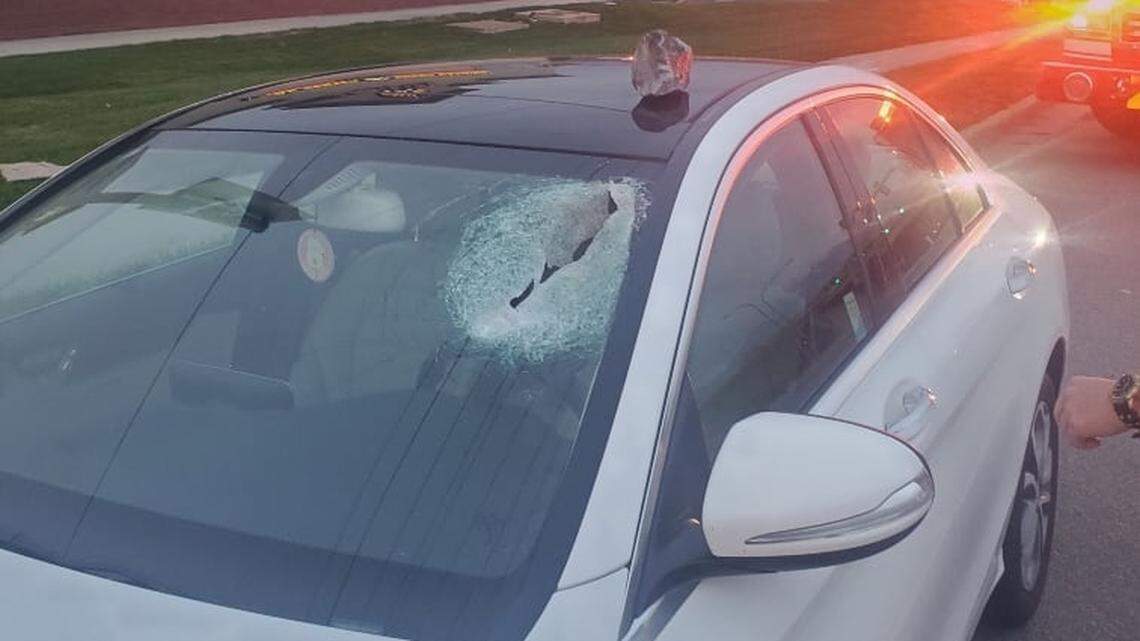A chunk of concrete smashed through Sharon Cockayne’s windshield on a Taylorsville, Utah, highway, leaving her with facial injuries, police say.