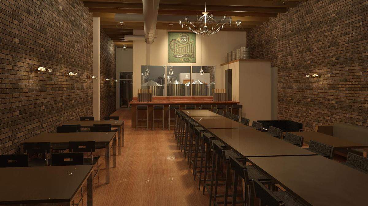 This artist’s rendering shows the exposed brick walls and modern feel planned for the 2C Family Brewing Co.