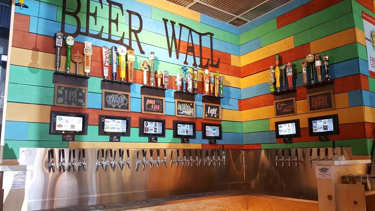 Beer at Flying Pie's new self-serve wall is grouped in categories such as IPA, lager and dark.