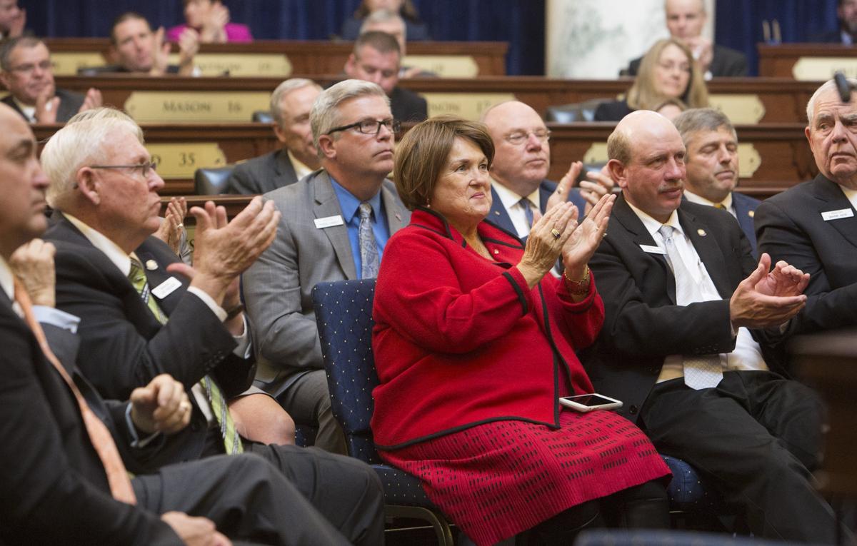Sen. Patti Anne Lodge applauds during Gov. Brad Little’s inaugural State of the State address on Monday, Jan. 7, 2019.