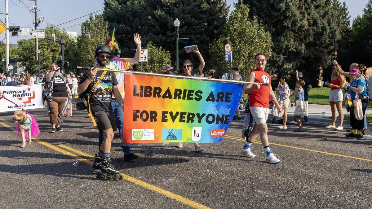People march for LGBTQ+ inclusion in libraries during the Boise Pride parade along River Street, Sunday, Sept. 7, 2025.
