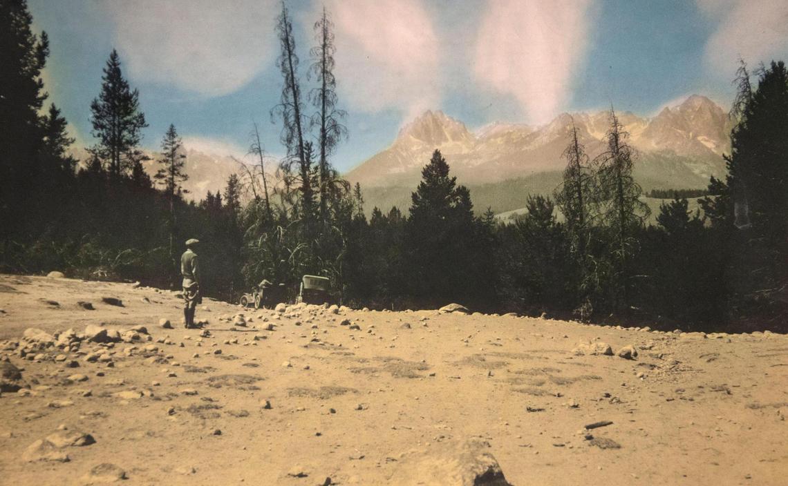 M.S. Benedict stands small against the backdrop of Mt. Heyburn, circa 1920. Benedict was the Sawtooth National Forest Supervisor from 1920-1934.