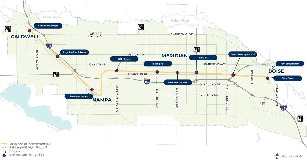 Compass’s recent study identified nine possible stop locations for a commuter rail line: the Caldwell Train Depot, Happy Day Transit Center, Downtown Nampa, the Ford Idaho Center, Ten Mile Road, Downtown Meridian, Eagle Road, the Boise Towne Square mall, and the Boise Train Depot. 