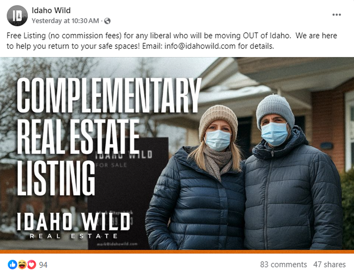 In September, Eagle-based real estate company Idaho Wild offered free listings to “any liberal who will be moving OUT of Idaho.”