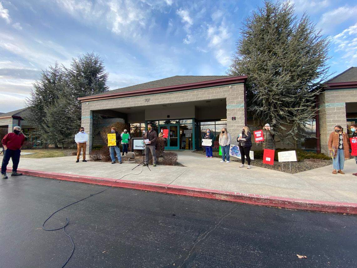 Members of the newly formed 97 Percent group speak during a news conference in front of Central District Health headquarters in Boise on Wednesday. The group formed in response to anti-mask protests as a way to encourage public health response to the coronavirus pandemic.