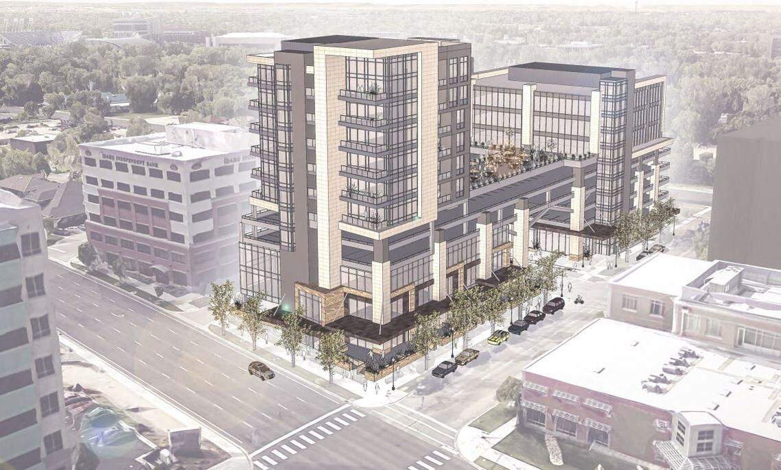 An artist’s rendering shows how two buildings proposed by Scot Ludwig, a Boise city councilman, lawyer and developer, for 5th and Broad streets in Downtown Boise would be linked by a sky bridge and a landscaped terrace. Front Street is in the foreground, with Concordia University School of Law at lower right.