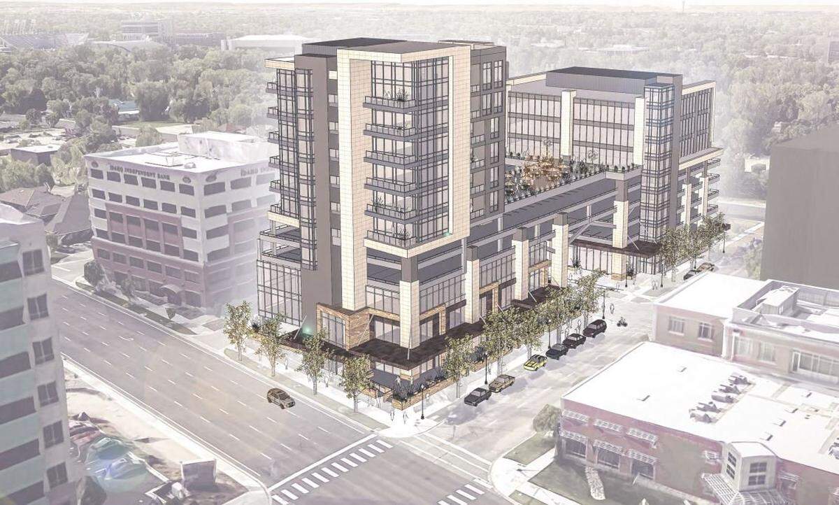 An artist’s rendering shows how two buildings proposed for 5th and Broad streets in Downtown Boise would be linked by a sky bridge and a landscaped terrace. Front Street is in the foreground, with Concordia University School of Law at lower right.