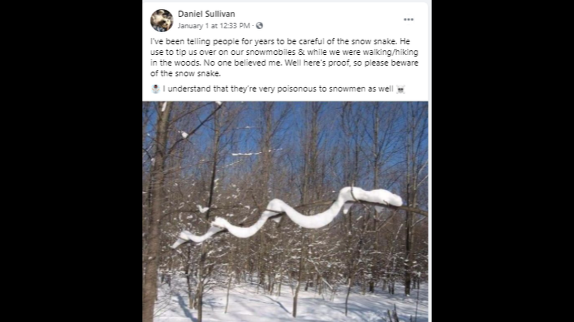 A snow snake? Daniel Sullivan posted this photo on Facebook and joked that it was proof the fictitious snakes are real.