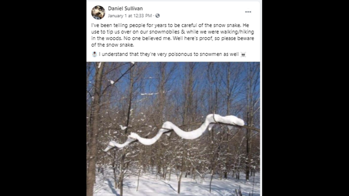 A snow snake? Daniel Sullivan posted this photo on Facebook and joked that it was proof the fictitious snakes are real.