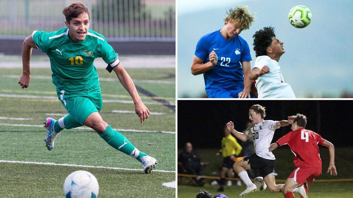 Clockwise from top left, Borah’s Carlos Camacho, Timberline’s Jake Anderson and Bishop Kelly’s Colton Crawford were all elected to their all-conference boys soccer team.
