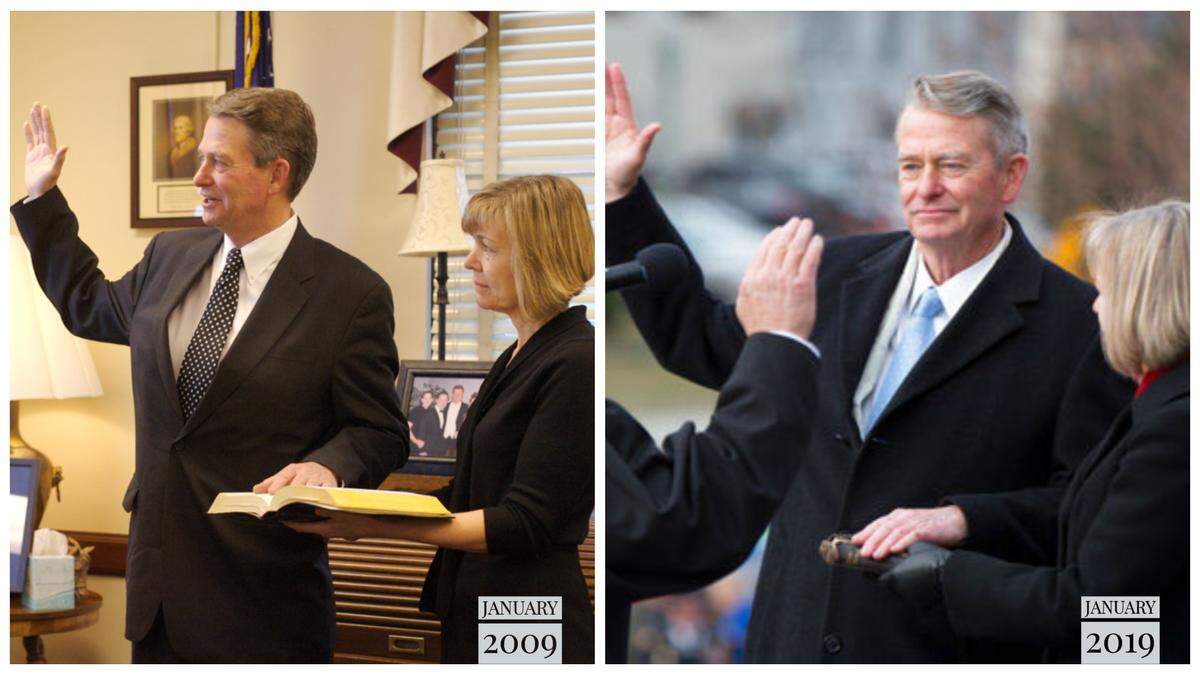 In 2009, (left) Brad Little was sworn in as Idaho’s lieutenant governor by then-governor Butch Otter. In 2019, he was sworn in as governor by Chief Justice Roger Burdick. On both occasions, he was accompanied by his wife, Teresa.