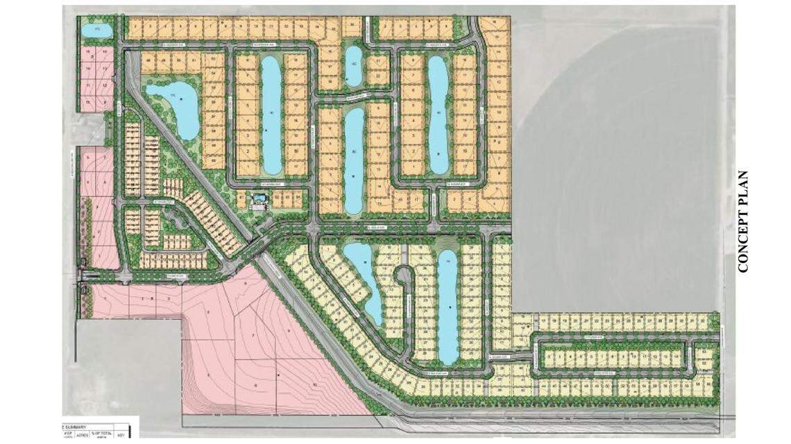 This concept plan shows a possible site design with east being at top of frame and north at left of frame. Eagle City Council asked that TV44 LLC, the developer, redesign a portion of the plan at bottom left at a May 28 City Council meeting.