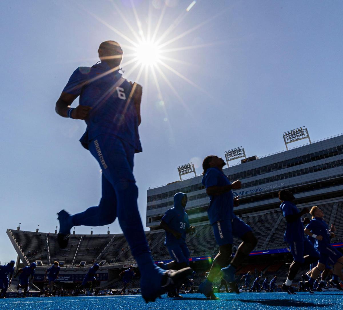 Boise State cornerback Jaylen Clark warms up with the Broncos before the home opener against UCF, Saturday, Sept. 9, 2023.
