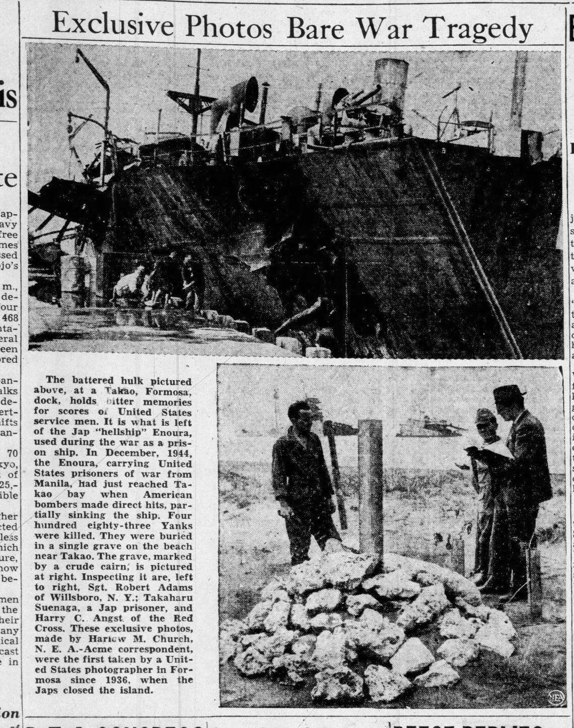 This newspaper report shows a search and recovery team in 1946 finding a mass grave on a beach at Takao.