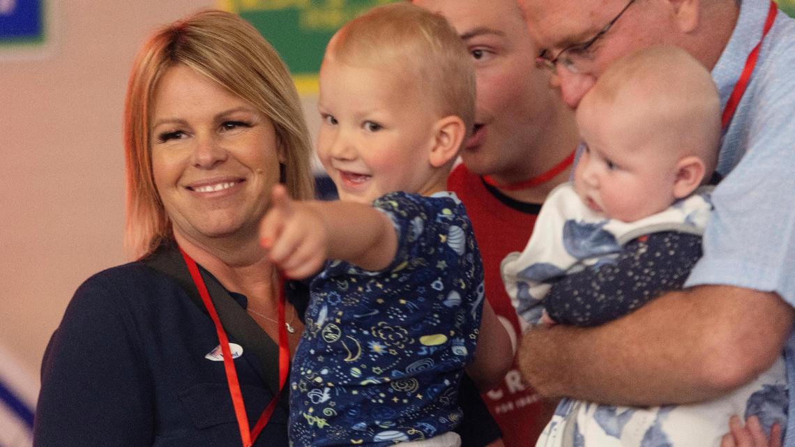Debbie Critchfield holds her grandson Hudson Critchfield, 2, while attending an election night watch party Tuesday at the Hilton Garden Inn Boise Downtown. Critchfield won the GOP primary in the race for Idaho’s top education official.