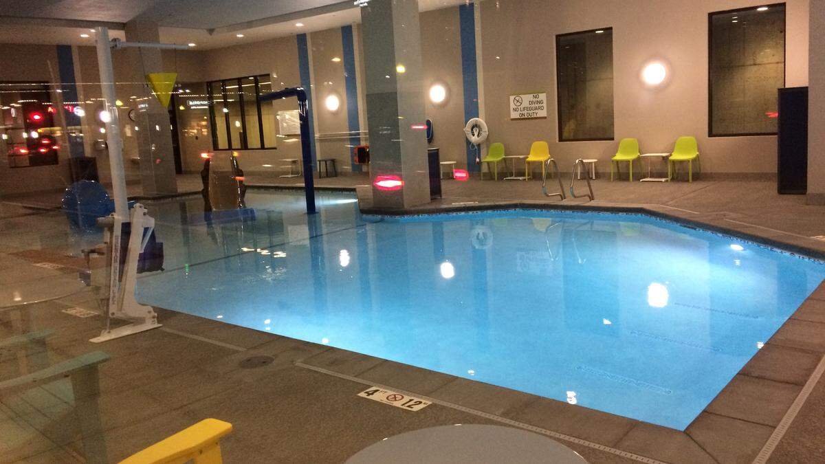 The indoor swimming pool was empty early Tuesday night, Dec. 14, at the new Home2Suites by Hilton Boise Downtown, 202 S. 6th St. Ground-floor windows facing Front Street make the pool easily visible to passing pedestrians.