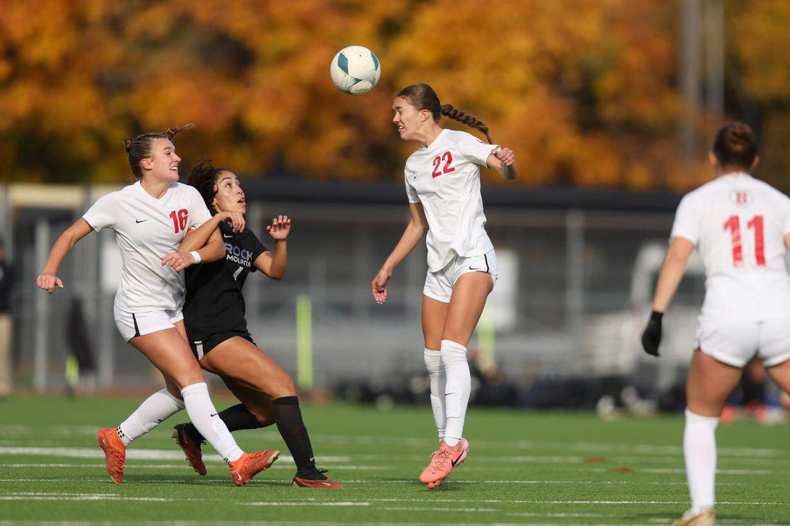 Boise’s Avery Morris heads the ball during the 6A girls soccer state championship game Saturday at War Memorial Field in Sandpoint.