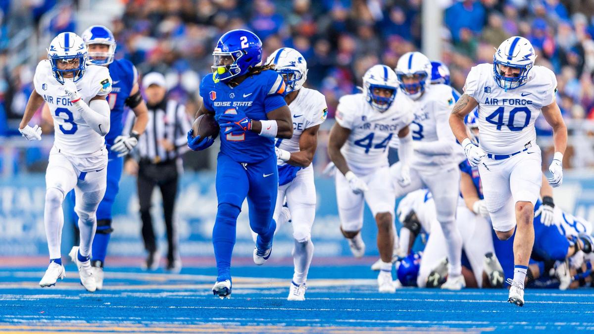 Boise State running back Ashton Jeanty leaves the Air Force defense behind on his way to a 50-yard touchdown run in the 2nd quarter, Friday, Nov. 24, 2023, at Albertsons Stadium in Boise.