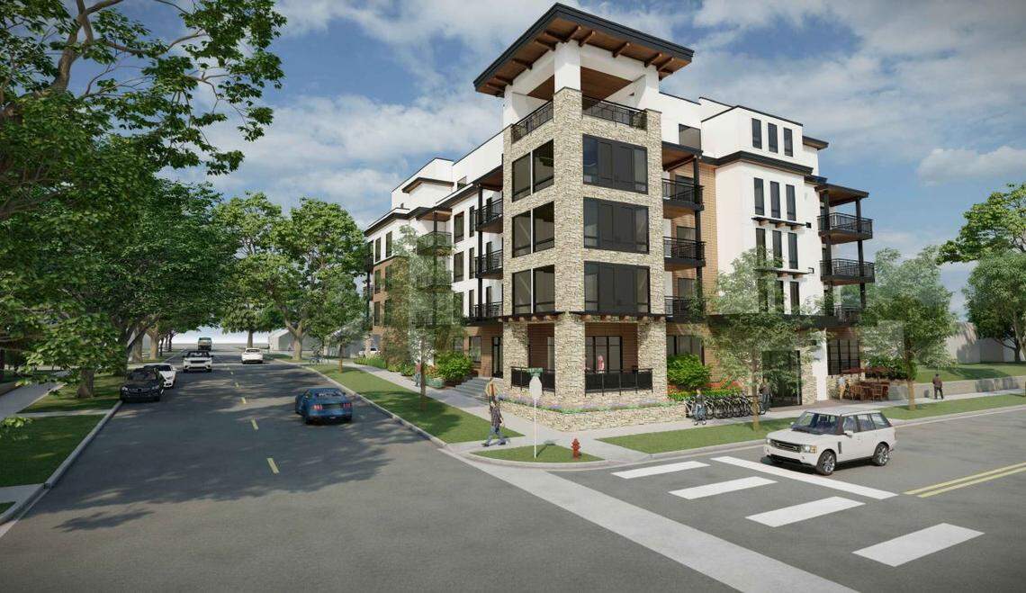 A five-story mixed-use building with ground-floor office space and four stories of housing are proposed at 1620 W. Bannock St. The building would replace the Travis Apartments, an Art Deco building built in 1937.