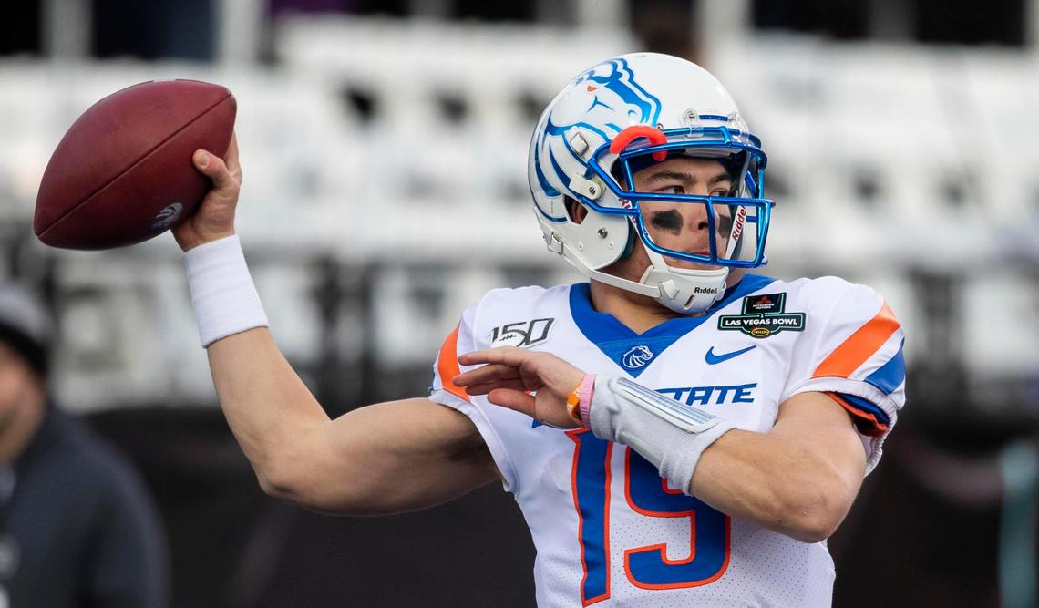 Boise State quarterback Hank Bachmeier (19) warms up before the start of the Broncos’ game against Washington in the Las Vegas Bowl Saturday, Dec. 21, 2019 at Sam Boyd Stadium in Las Vegas, Nev.