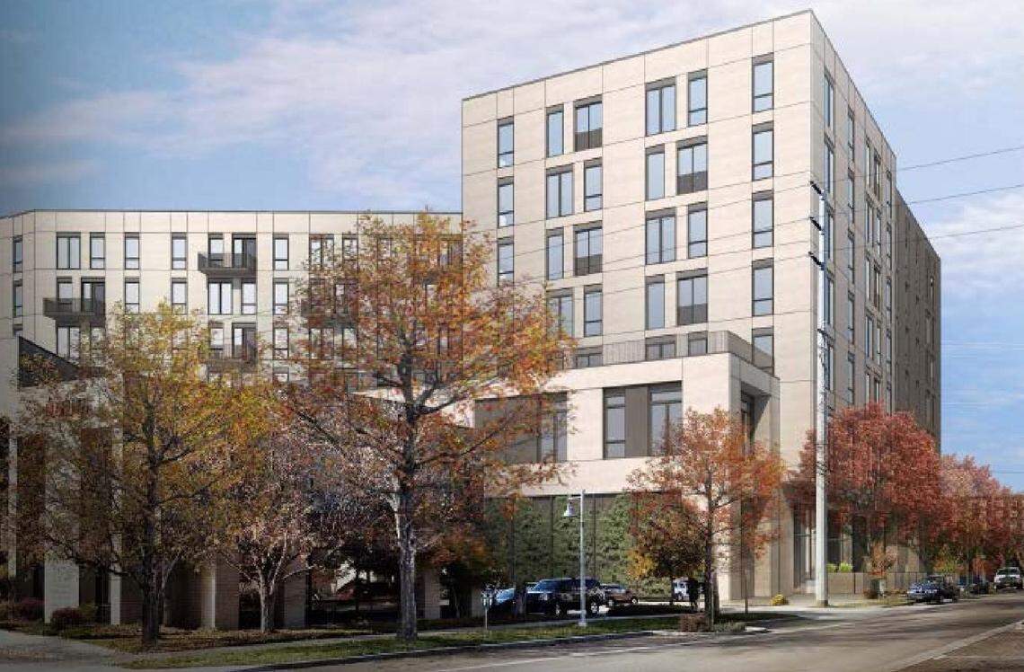 An artist’s rendering of The Cartee apartment building looking toward its northeast corner at Broad Street and the alley between 3rd and 4th streets in Downtown Boise.