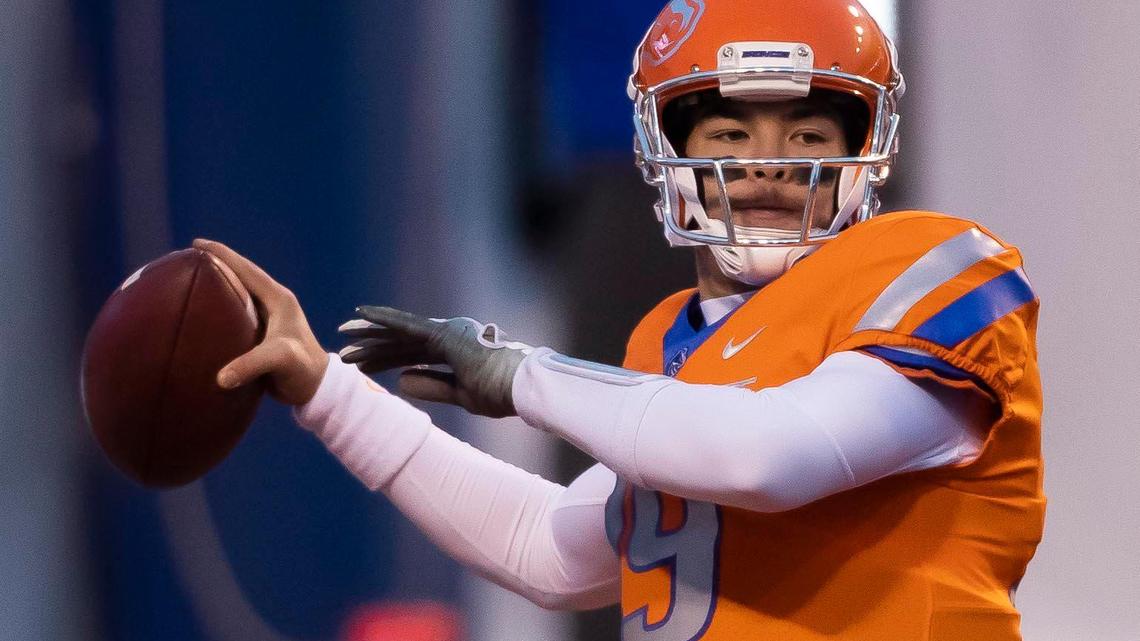 Boise State quarterback Hank Bachmeier warms up prior to the Broncos’ Mountain West game against Colorado State in 2020 at Albertsons Stadium.