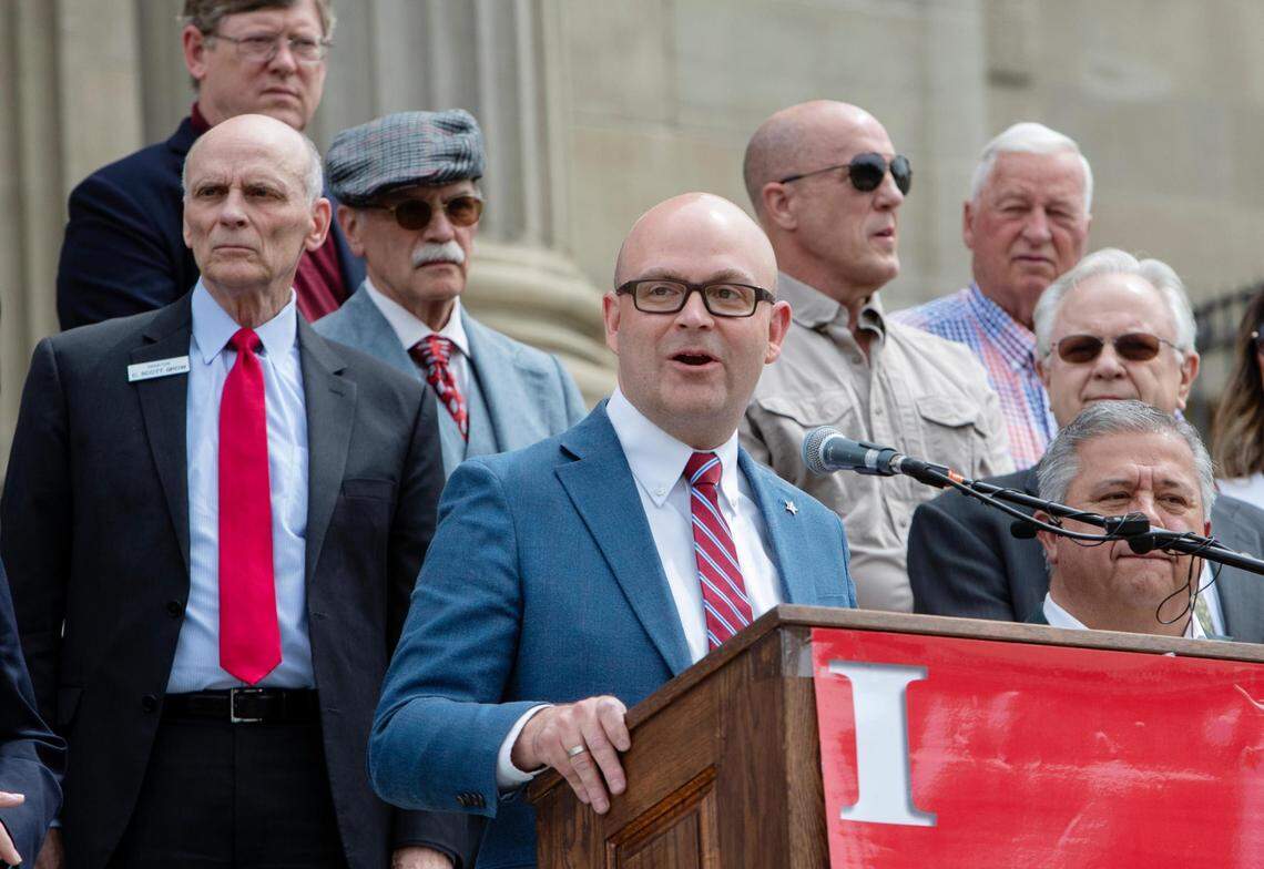 Idaho Secretary of State Phil McGrane, center, is pushing lawmakers to pass reforms to the state’s campaign finance laws. His latest proposal, which failed to move forward in the 2026 legislative session, would have increased election contribution limits in state, districtwide and local races.