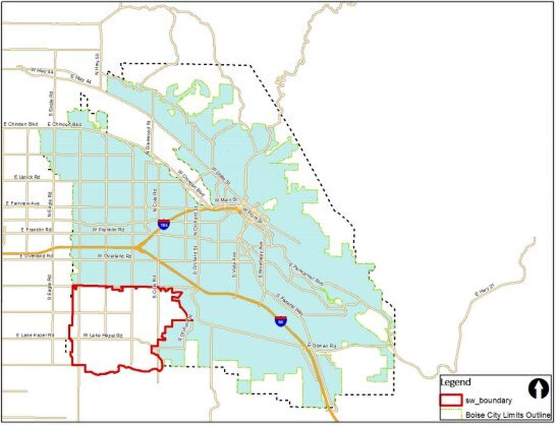A map shows the city borders in blue and the unincorporated Southwest area of impact being considered for annexation in red.