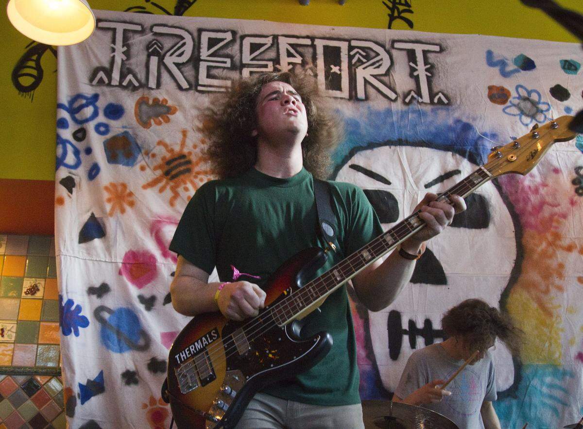 Bass player Ethan Stevenson, with Skinny The Kid, kicked off Thursday’s Boise All-Ages Movement Project concerts at the former Pollo Rey restaurant. The restaurant is a temporary space for under-age music fans during Treefort Music Festival weekend.