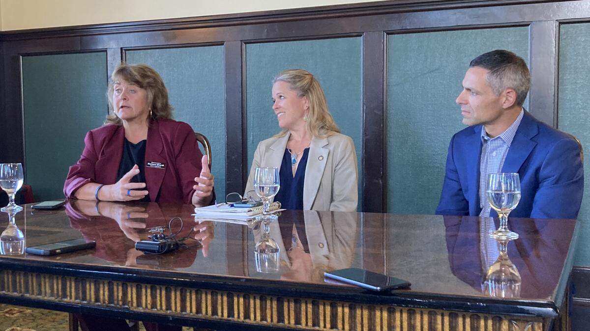 Idaho Rep. Barbara Ehardt, R-Idaho Falls, left, discusses the Greater Idaho movement with Oregon Rep. Vikki Breese-Iverson, R-Prineville, (middle) and Matt McCaw, spokesman for the group leading the effort, on Oct. 19, 2023, at the Geiser Grand Hotel in Baker City, Oregon.