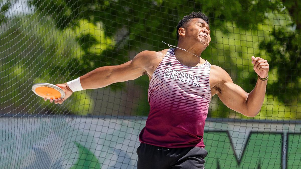 Kai Twaddle-Dunham of Centennial competes in the discus at the 5A state meet May 17 at Mountain View High.