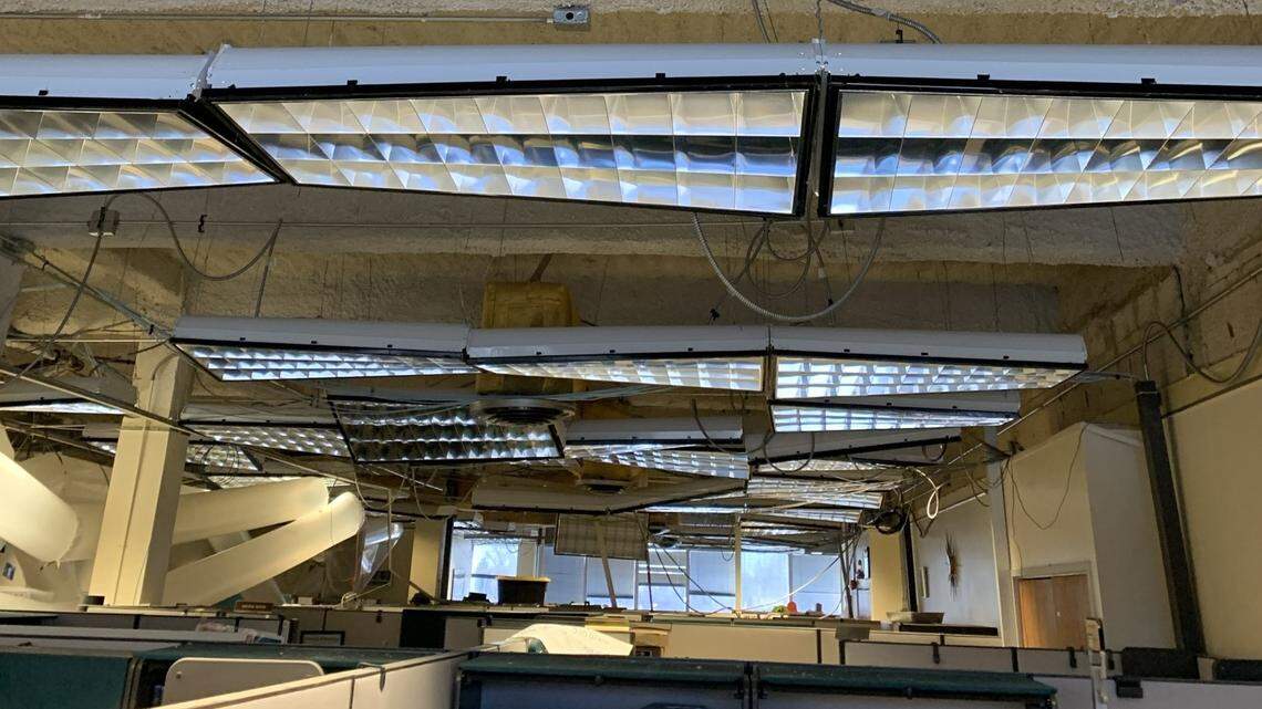 ITD’s headquarters had extensive damage after the Jan. 2, 2022, flood. Pictures from after the flood showed exposed wiring, broken roof tiles and damaged lights.