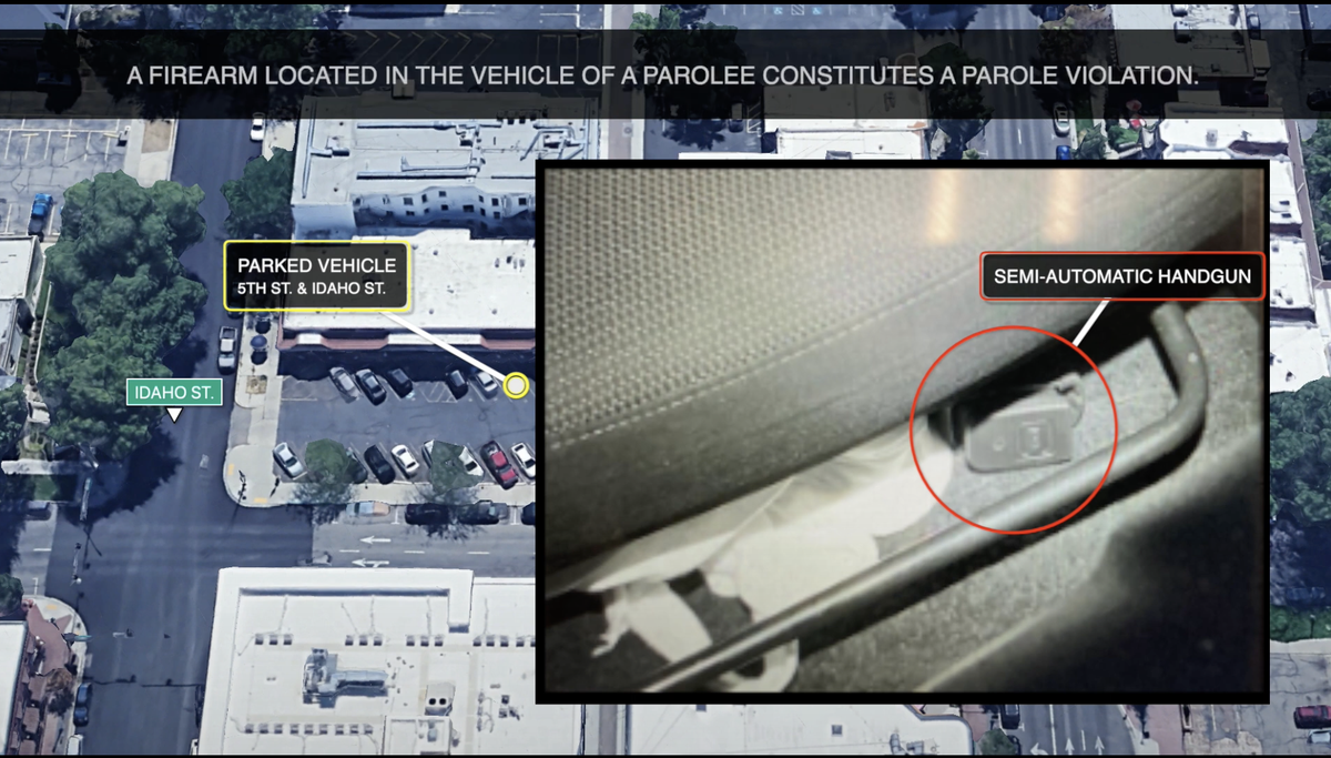 A screenshot of body-camera footage released by the Boise Police Department in the fatal shooting of 22-year-old Payton Wasson. Officers said they saw a handgun under the front passenger seat of Mario Garza’s car, which violated his parole.