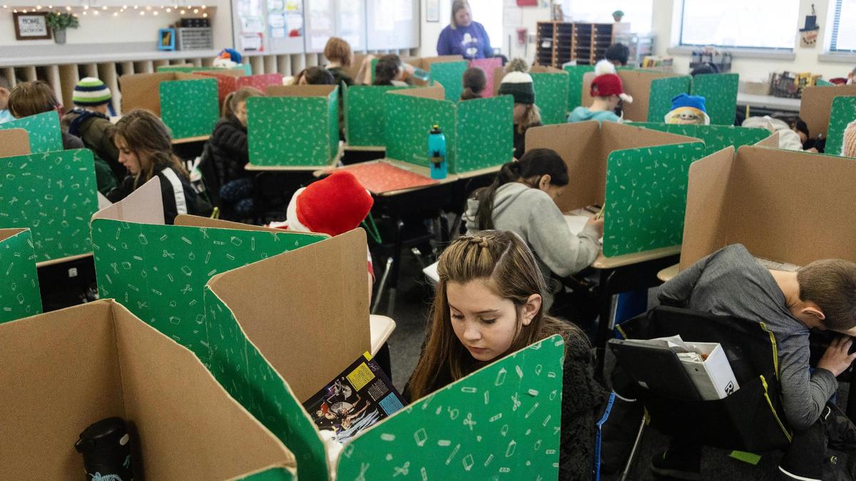 Fifth grade students use dividers at their desks while taking assessments at Lakevue Elementary School in 2022. Lakevue is in the Vallivue School District.