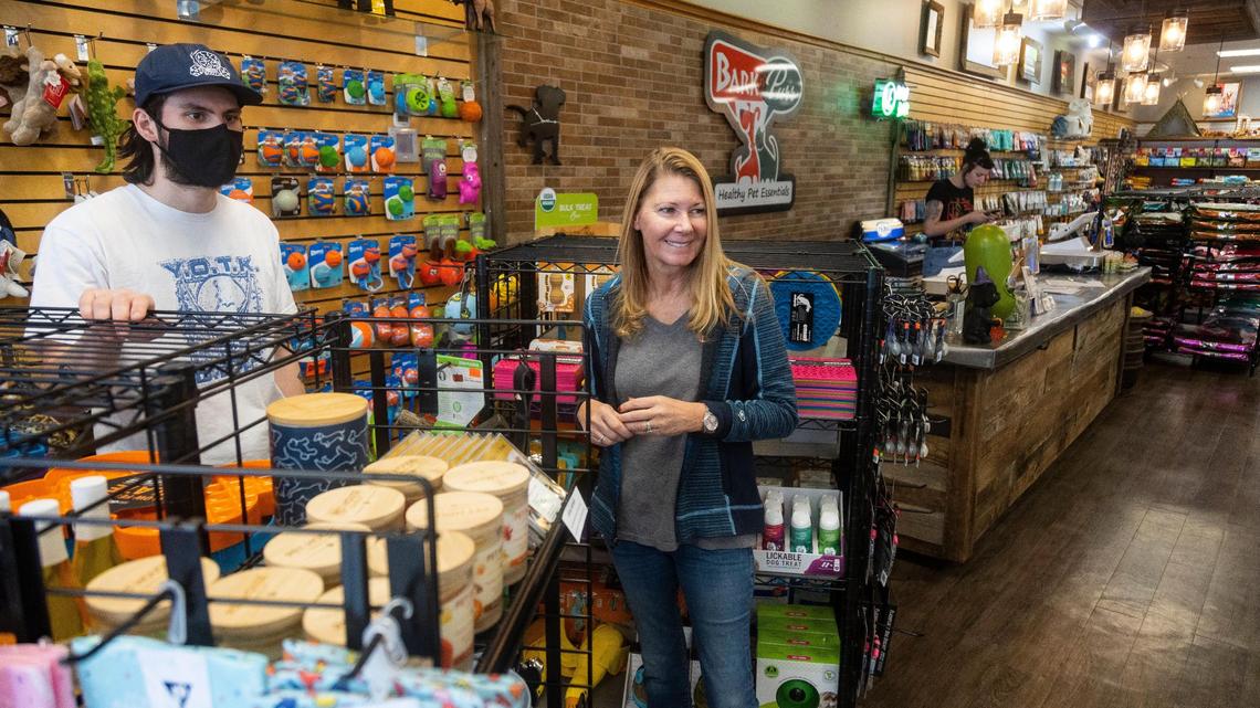 Barn n’ Purr owner Jennifer Willett, right, and employee Noah Madden, left, regularly sell pet CBD products to customers looking to help pets with pain and anxiety.