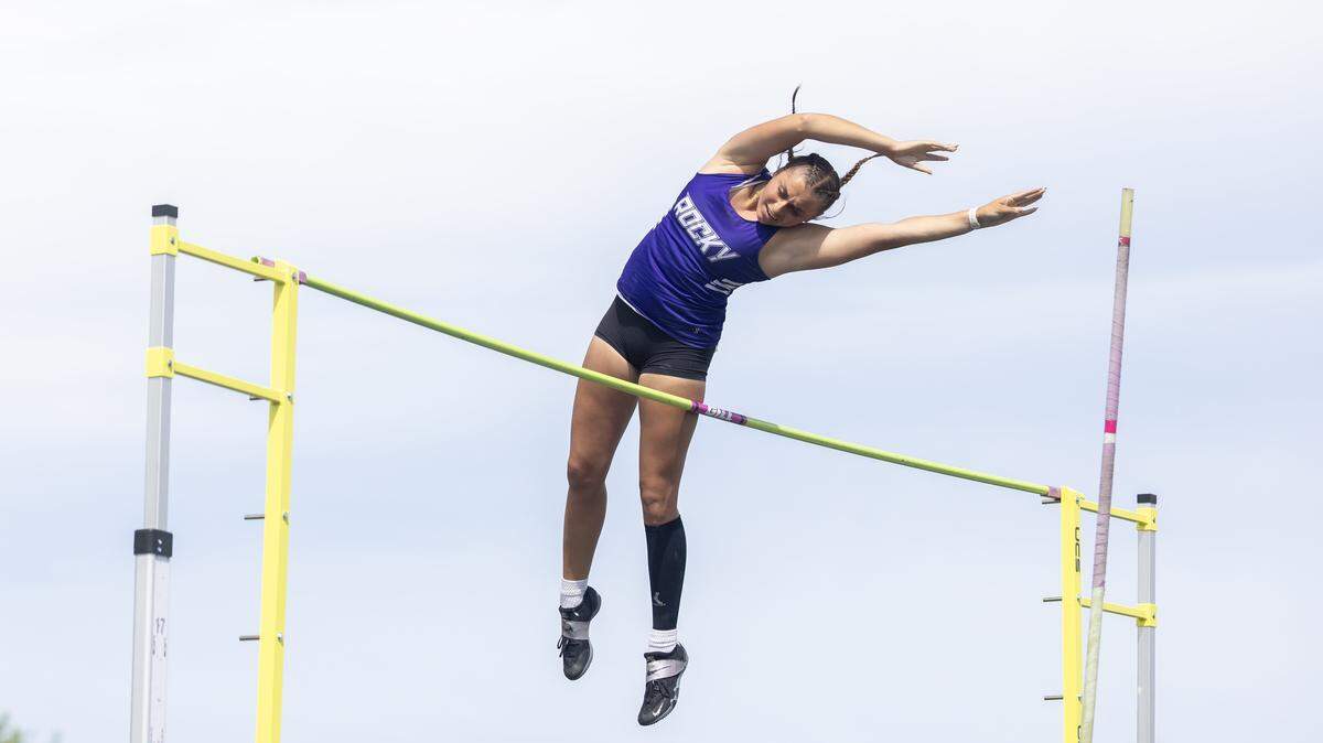 Rocky Mountain's Lauren Rynhart competes in pole vault in the 6A District Three track meet, Friday, May 8, 2026, held at Meridian High School.