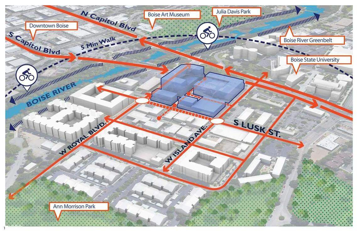 A massing diagram shows Boise’s plan to redevelop the Capitol Campus at the Lusk District, a partnership with Boise State University and J. Fisher Cos. The concept would put 350 apartments near the university.