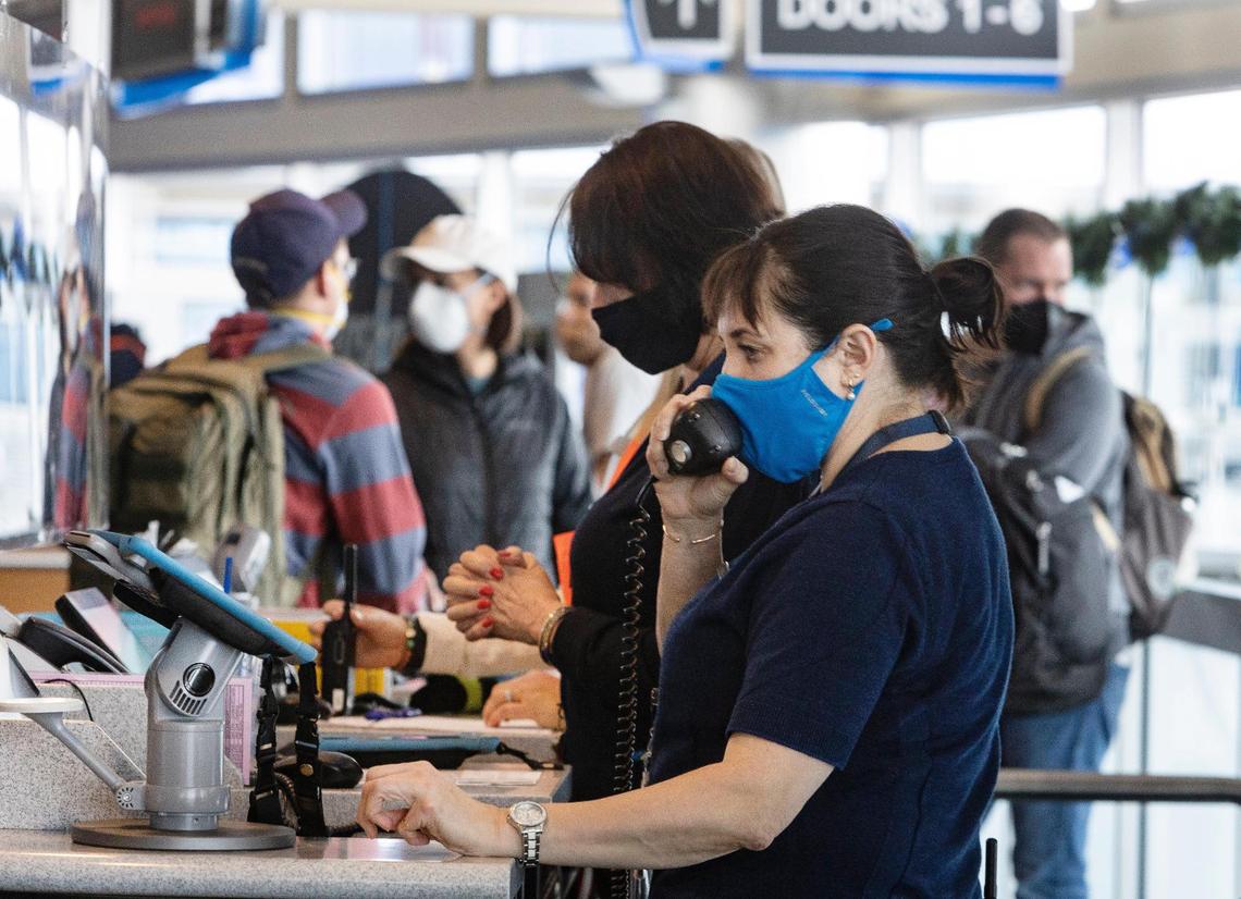 Alaska Airlines gate agent Maria Bengoechea makes an announcement to passengers at the Boise Airport in January. The first two months of the year were nearly as busy at the airport as the first two months of 2019, a record year for travel in Boise.
