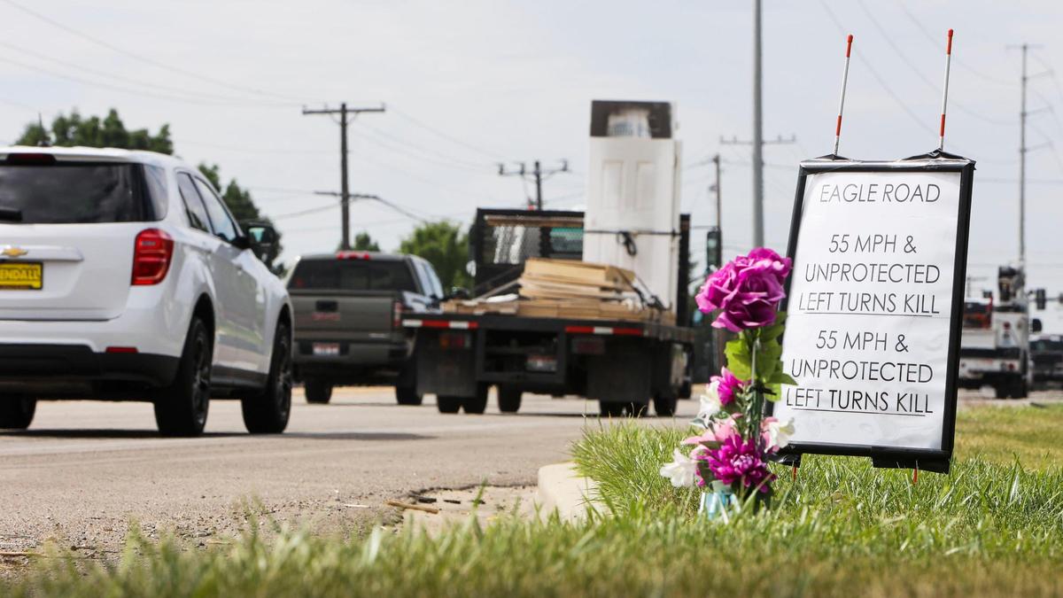 A roadside memorial on North Eagle Road in Meridian urges that the 55 mph speed limit along the congested corridor be reduced by the Idaho Transportation Department.