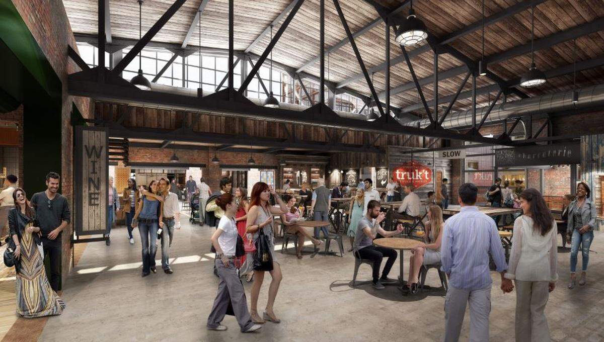Unlke a cafeteria or a shopping mall food court with tables grouped together , the food hall at Boise’s BoDo building will feature tables spread throught the space. This drawing, from The Garage Food Hall in development in Indianapolis, is similar to what owner Hendricks Commercial Properties plans for BoDo.