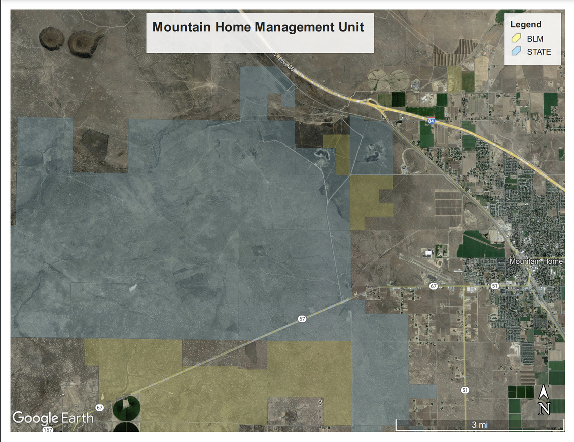 The Idaho Department of Lands is considering closing a 20,000-acre parcel of land near Mountain Home, shown here in blue, after repeated trash dumping.