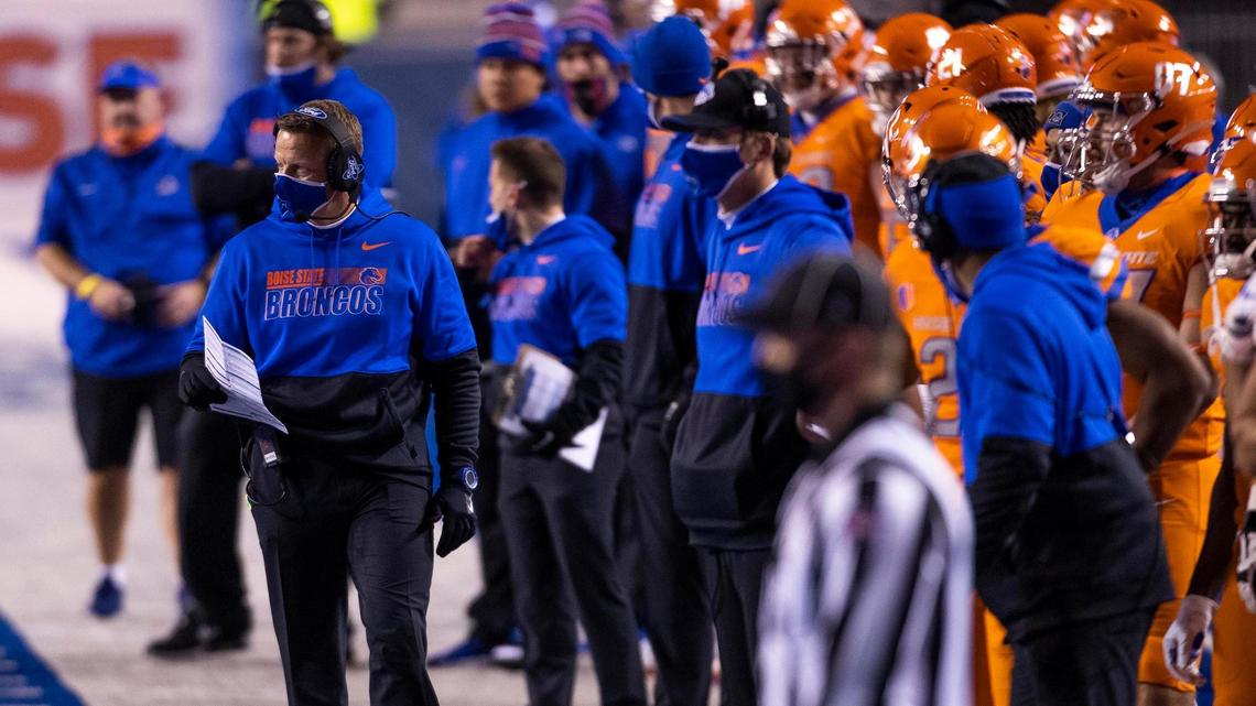 Boise State Head Football Coach Bryan Harsin leads the Broncos to a 52-21 win over Mountain West Conference foe Colorado State Thursday, Nov. 12, 2020 at Albertsons Stadium in Boise.