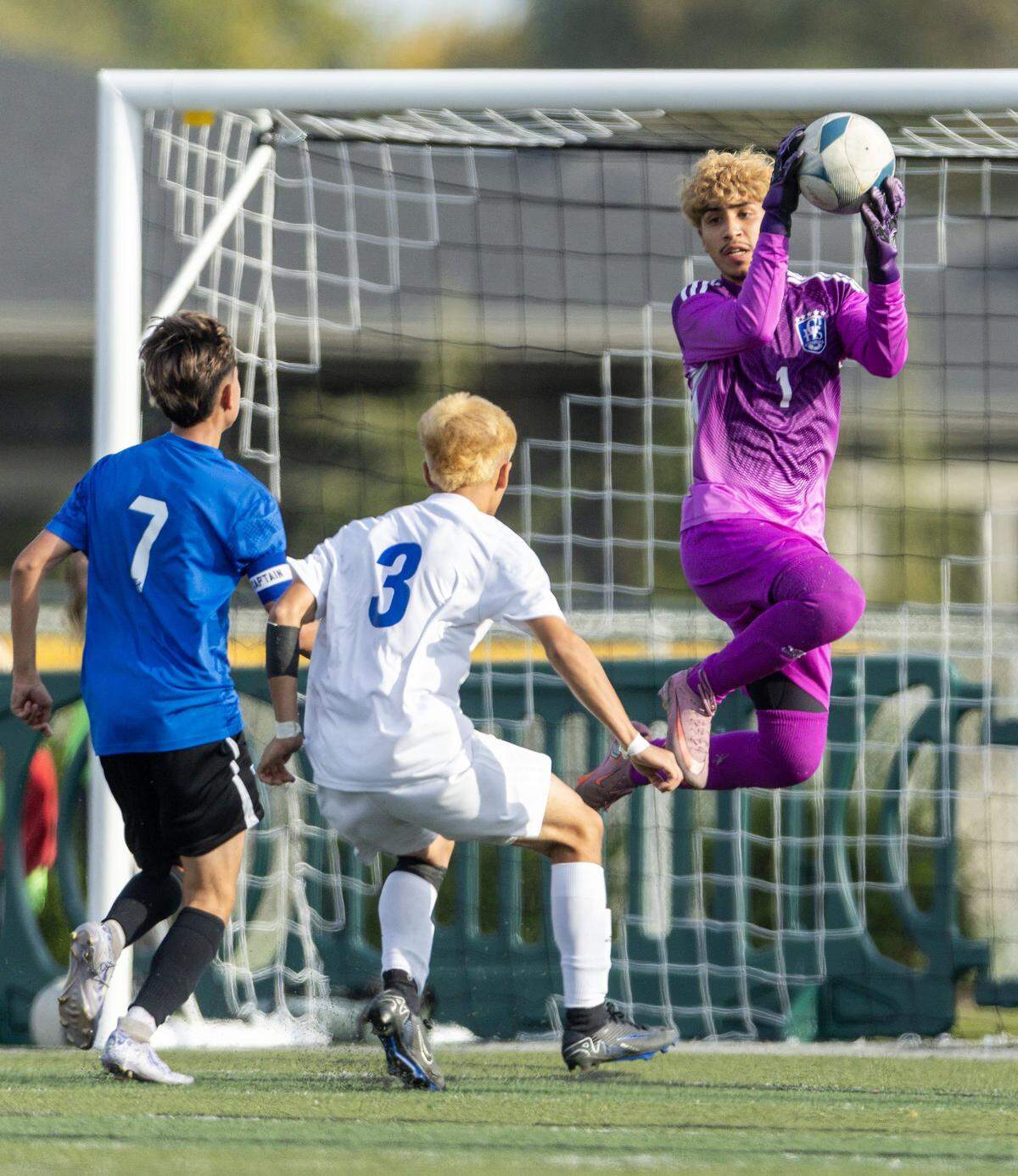 Caldwell goalkeeper Horacio Hernandez secures a Thunder Ridge long kick in the 6A boys soccer state semifinals at Eagle High School in Eagle, Thursday, Oct. 23, 2025.