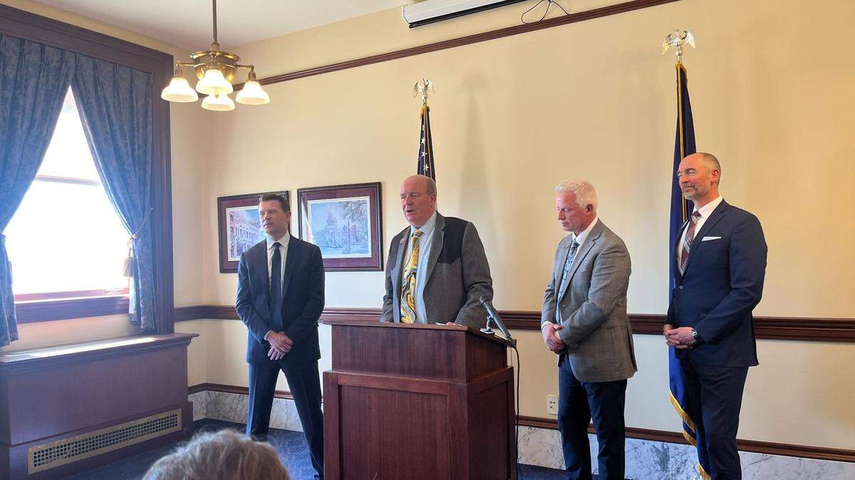 House Republican leaders, including House Speaker Mike Moyle, take questions from reporters at the end of the 2024 legislative session Wednesday.